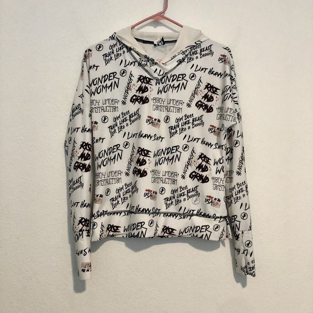 ABS2B Fitness Cropped All Over Graphic Writing Hoodie Sweatshirt Women Small